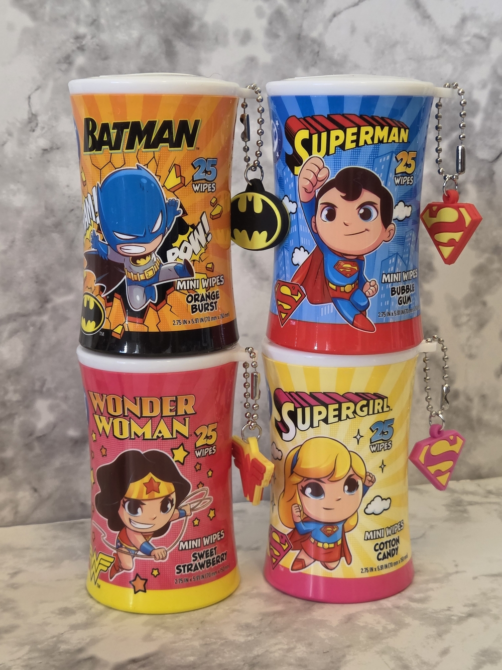 DC Justice League Kids Superhero Pod Mini Wipes with Charms - Set of 4